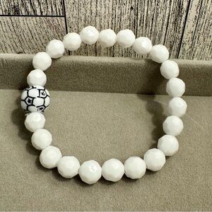 Hand Crafted White Beaded Stretch Bracelet with Soccer Ball bead. NWT